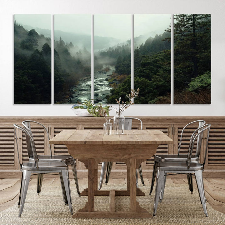 The Misty Forest Wall Art is a ready-to-hang piece showcasing a tranquil nature landscape of a serene river, ideal for your living room or cabin.