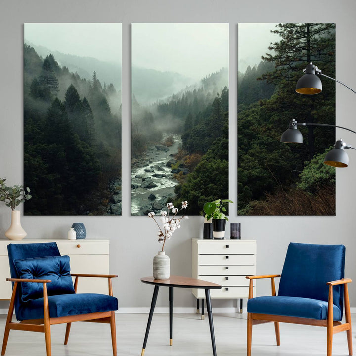 The Misty Forest Wall Art is a ready-to-hang piece showcasing a tranquil nature landscape of a serene river, ideal for your living room or cabin.