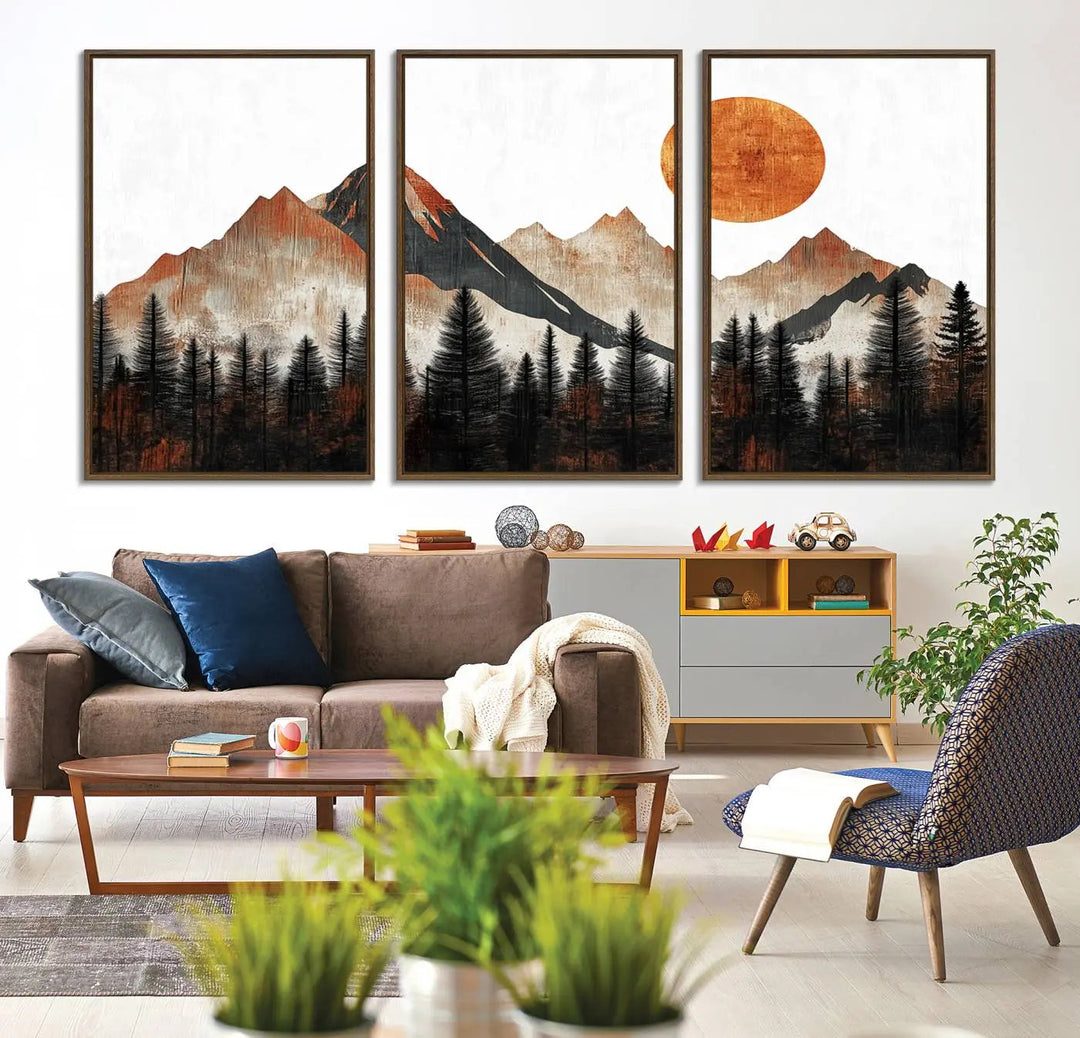 The "Modern Abstract Mountain Canvas Wall Art Print" in the living room features an abstract landscape of mountains, trees, and a warm-toned sun.