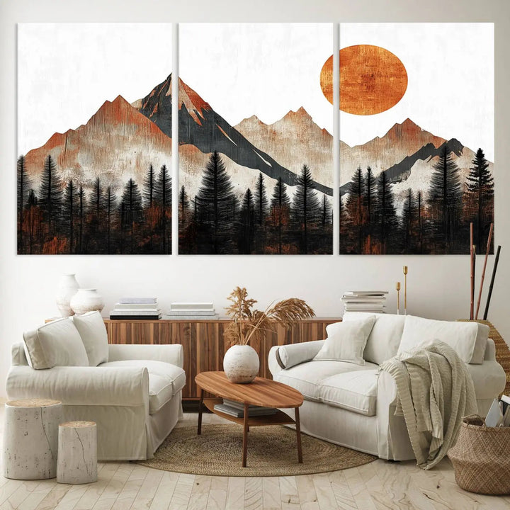 The "Modern Abstract Mountain Canvas Wall Art Print" in the living room features an abstract landscape of mountains, trees, and a warm-toned sun.