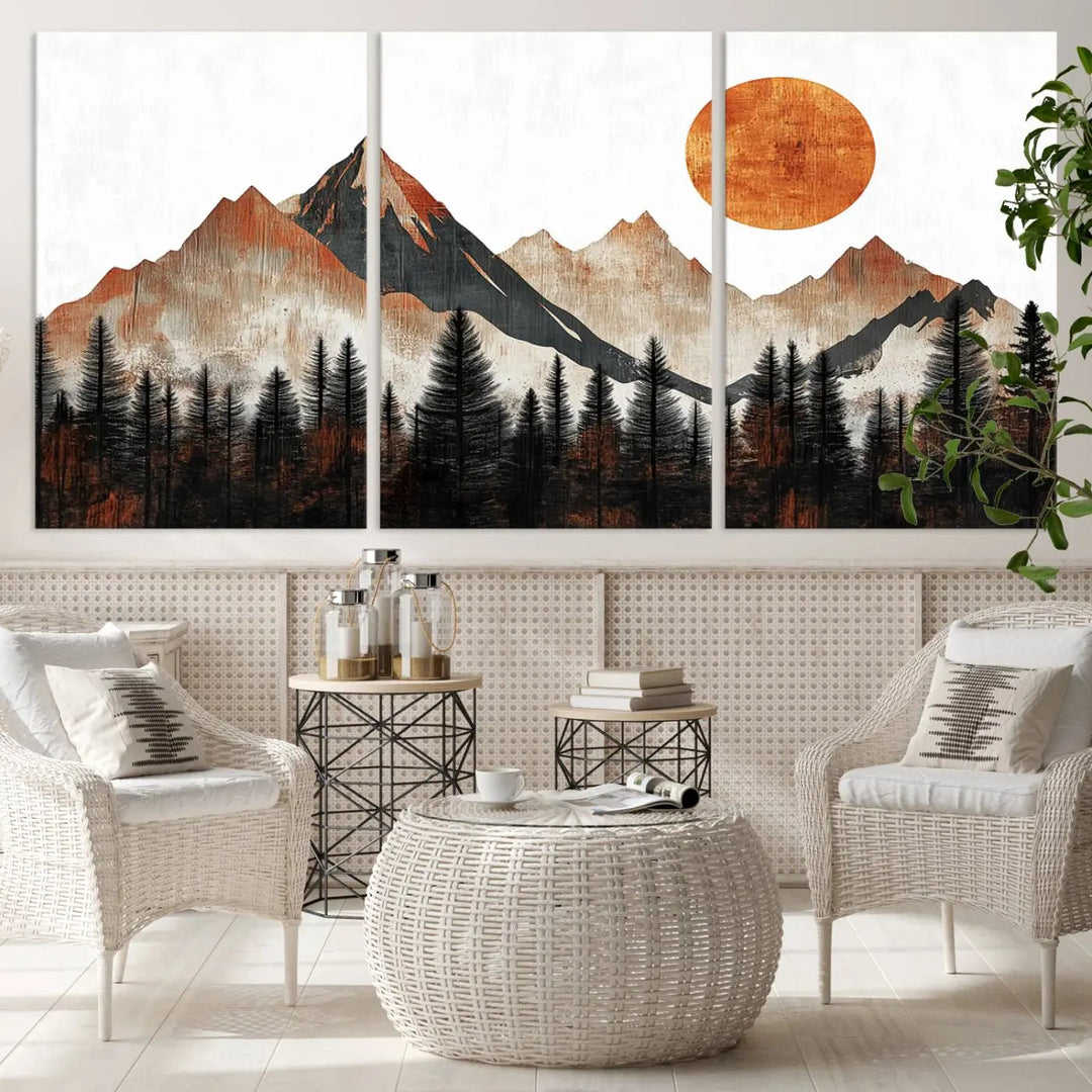 The "Modern Abstract Mountain Canvas Wall Art Print" in the living room features an abstract landscape of mountains, trees, and a warm-toned sun.