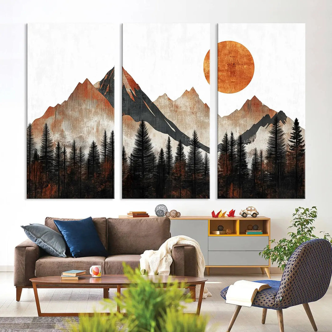 The "Modern Abstract Mountain Canvas Wall Art Print" in the living room features an abstract landscape of mountains, trees, and a warm-toned sun.