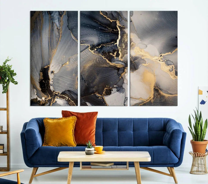 The contemporary living room showcases stunning abstract paintings on the wall, featured as the "Modern Marble Fluid Effect Wall Art Abstract Canvas Wall Art Print," all presented on museum-quality canvases.