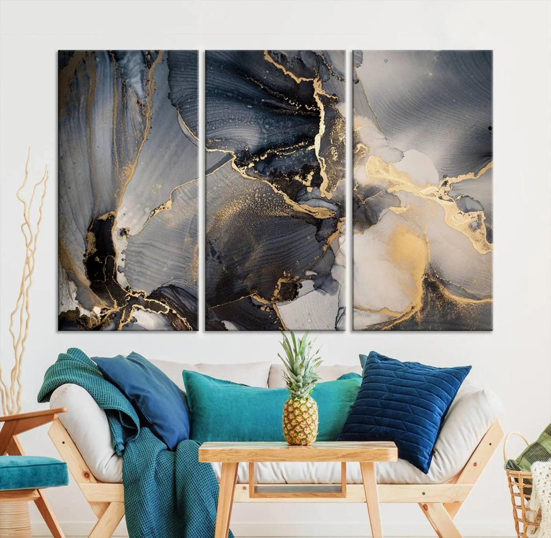 The contemporary living room showcases stunning abstract paintings on the wall, featured as the "Modern Marble Fluid Effect Wall Art Abstract Canvas Wall Art Print," all presented on museum-quality canvases.