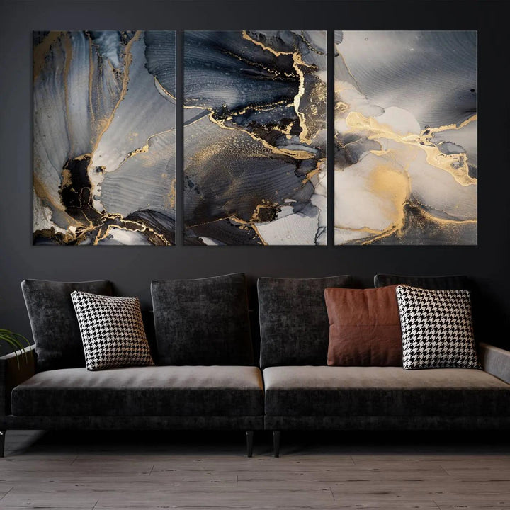 The contemporary living room showcases stunning abstract paintings on the wall, featured as the "Modern Marble Fluid Effect Wall Art Abstract Canvas Wall Art Print," all presented on museum-quality canvases.