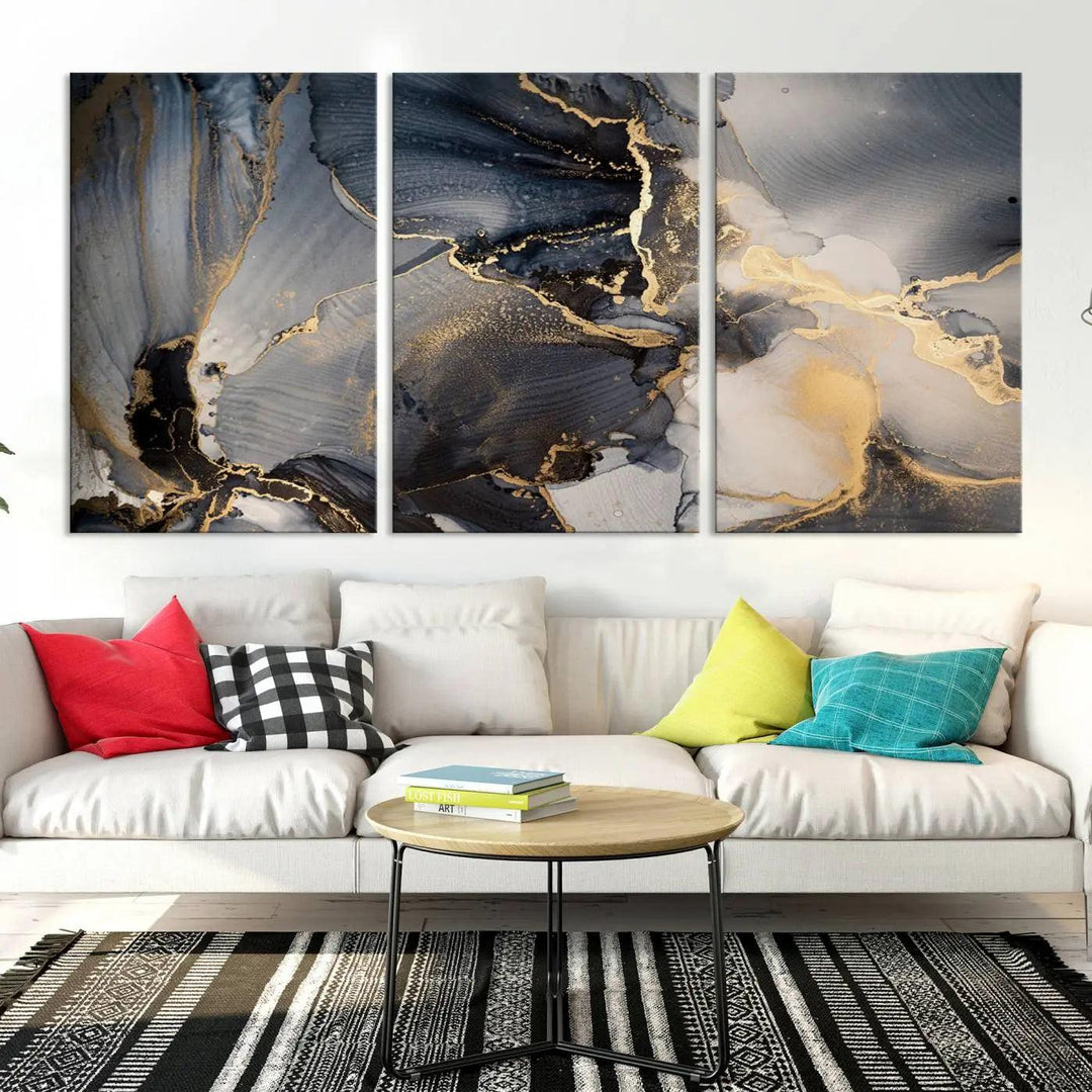 The contemporary living room showcases stunning abstract paintings on the wall, featured as the "Modern Marble Fluid Effect Wall Art Abstract Canvas Wall Art Print," all presented on museum-quality canvases.