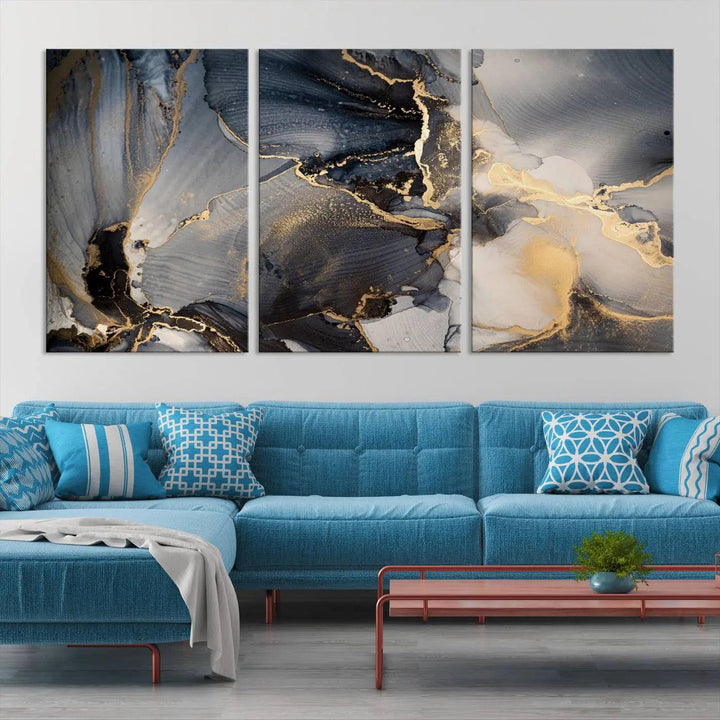 The contemporary living room showcases stunning abstract paintings on the wall, featured as the "Modern Marble Fluid Effect Wall Art Abstract Canvas Wall Art Print," all presented on museum-quality canvases.