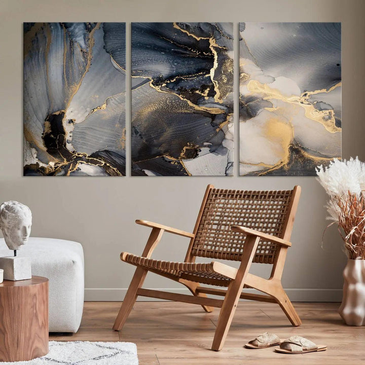 The contemporary living room showcases stunning abstract paintings on the wall, featured as the "Modern Marble Fluid Effect Wall Art Abstract Canvas Wall Art Print," all presented on museum-quality canvases.