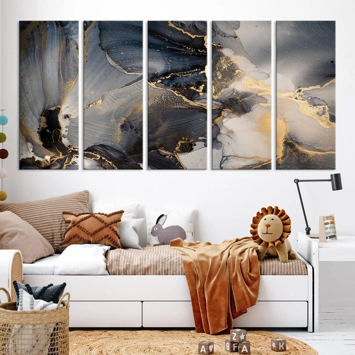 The contemporary living room showcases stunning abstract paintings on the wall, featured as the "Modern Marble Fluid Effect Wall Art Abstract Canvas Wall Art Print," all presented on museum-quality canvases.