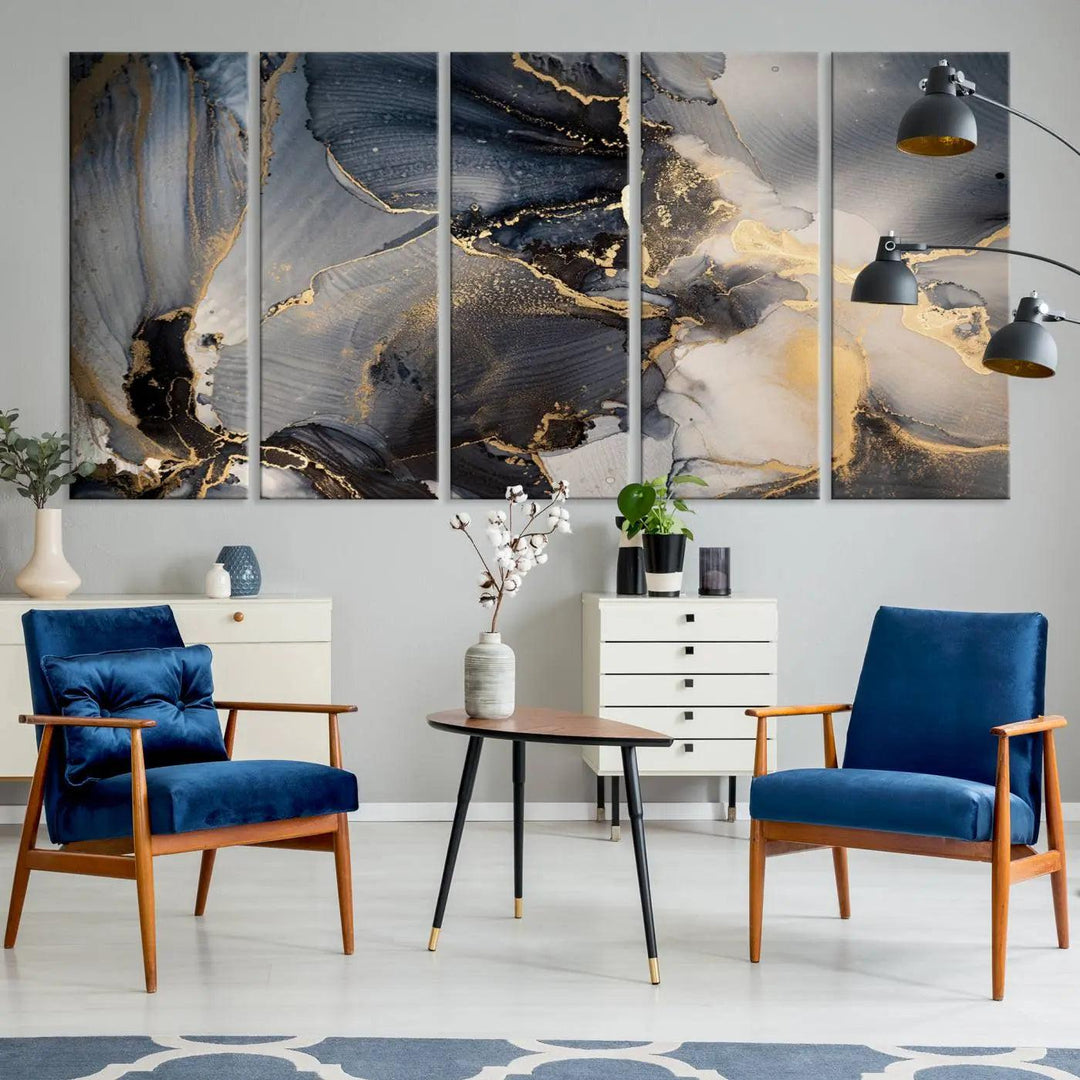 The contemporary living room showcases stunning abstract paintings on the wall, featured as the "Modern Marble Fluid Effect Wall Art Abstract Canvas Wall Art Print," all presented on museum-quality canvases.