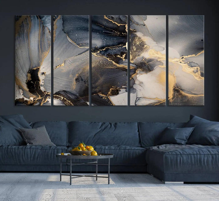 The contemporary living room showcases stunning abstract paintings on the wall, featured as the "Modern Marble Fluid Effect Wall Art Abstract Canvas Wall Art Print," all presented on museum-quality canvases.