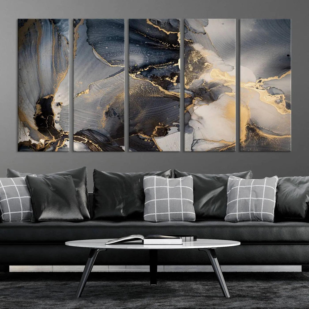 The contemporary living room showcases stunning abstract paintings on the wall, featured as the "Modern Marble Fluid Effect Wall Art Abstract Canvas Wall Art Print," all presented on museum-quality canvases.