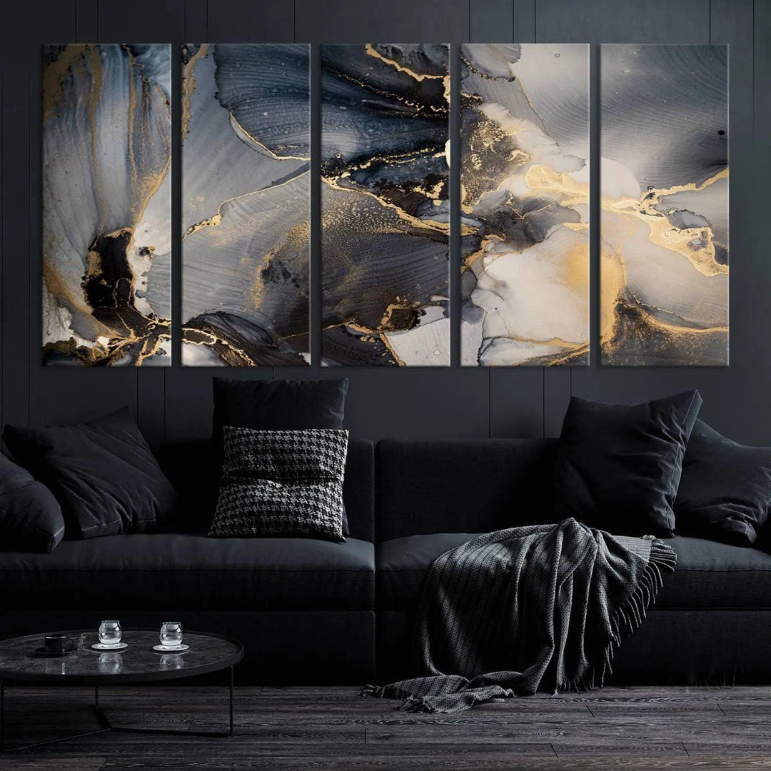 The contemporary living room showcases stunning abstract paintings on the wall, featured as the "Modern Marble Fluid Effect Wall Art Abstract Canvas Wall Art Print," all presented on museum-quality canvases.