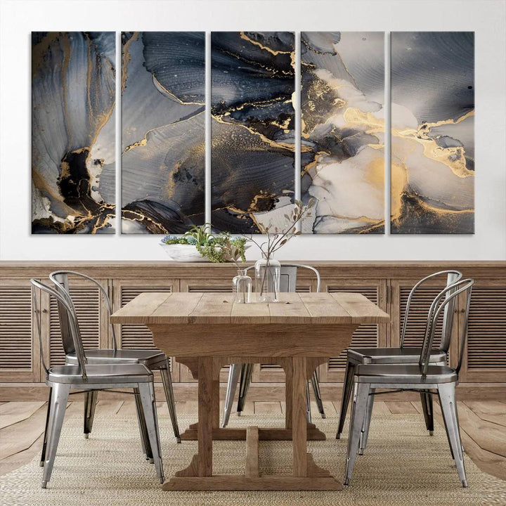 The contemporary living room showcases stunning abstract paintings on the wall, featured as the "Modern Marble Fluid Effect Wall Art Abstract Canvas Wall Art Print," all presented on museum-quality canvases.