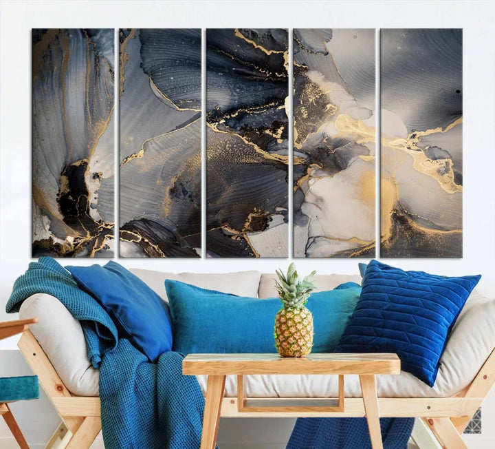 The contemporary living room showcases stunning abstract paintings on the wall, featured as the "Modern Marble Fluid Effect Wall Art Abstract Canvas Wall Art Print," all presented on museum-quality canvases.