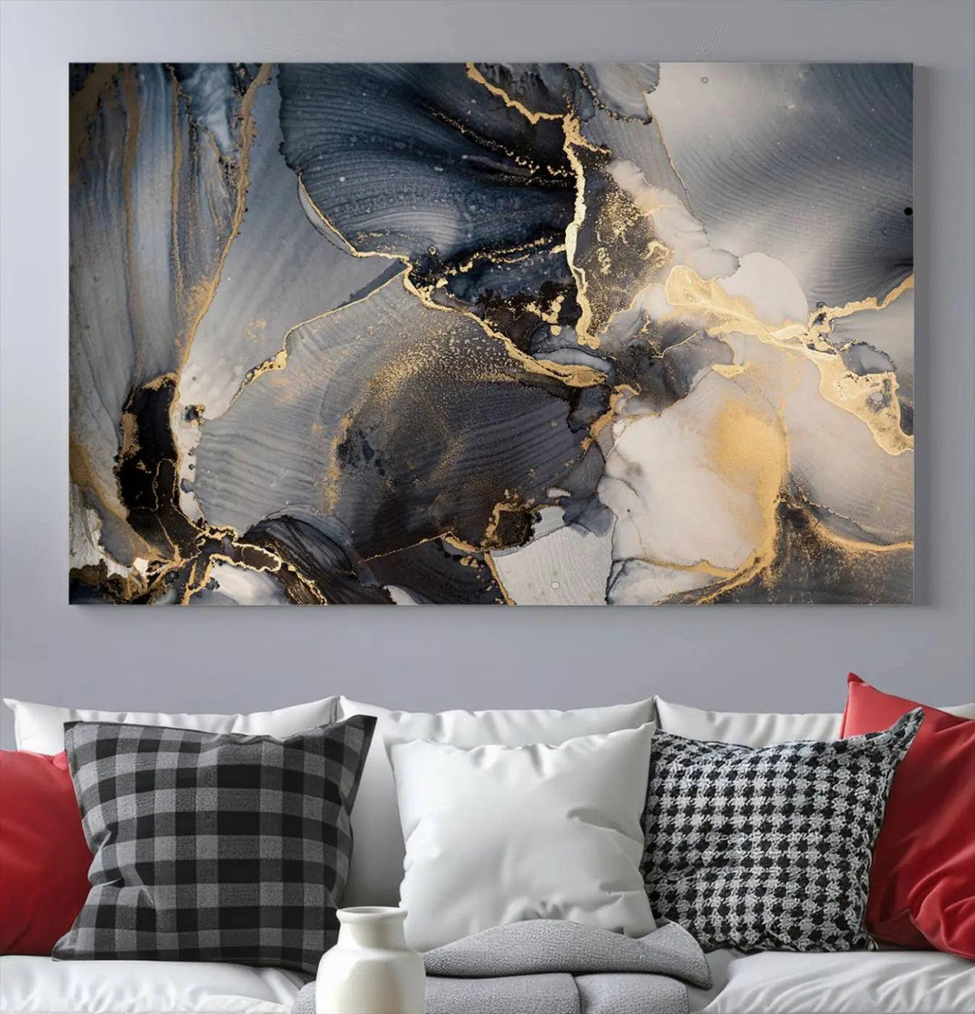 The contemporary living room showcases stunning abstract paintings on the wall, featured as the "Modern Marble Fluid Effect Wall Art Abstract Canvas Wall Art Print," all presented on museum-quality canvases.