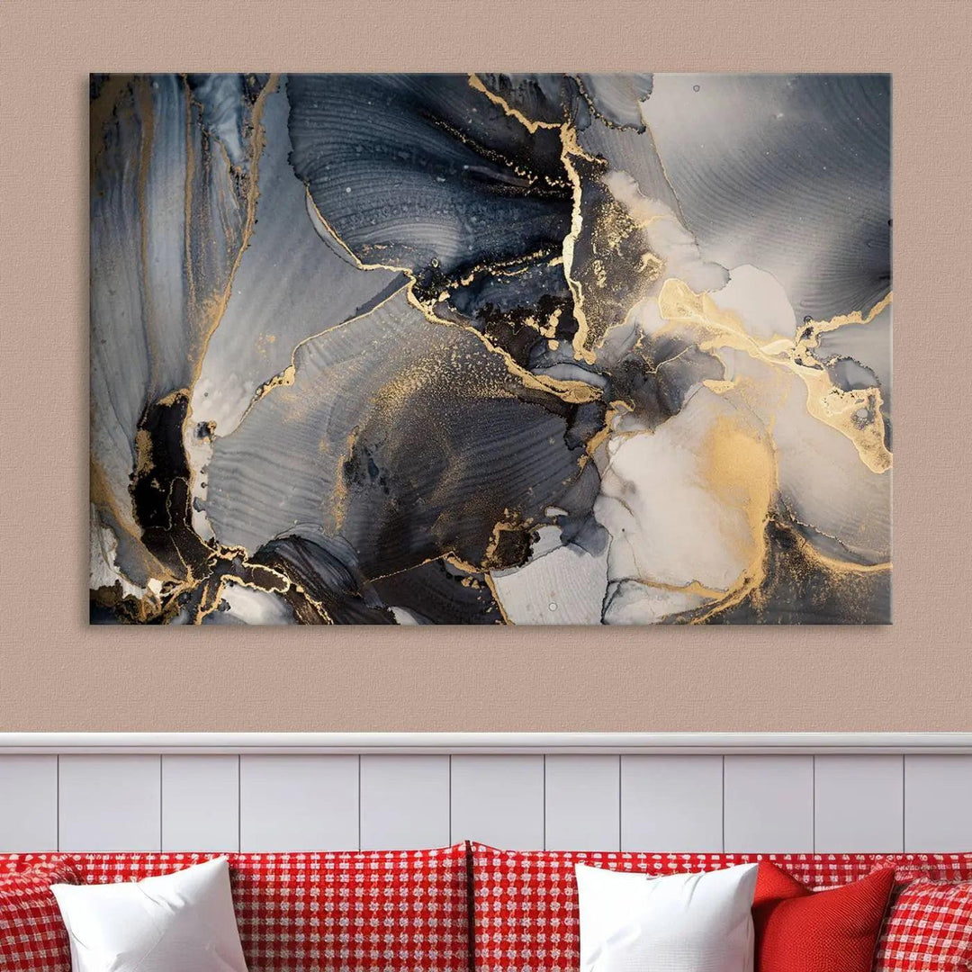 The contemporary living room showcases stunning abstract paintings on the wall, featured as the "Modern Marble Fluid Effect Wall Art Abstract Canvas Wall Art Print," all presented on museum-quality canvases.