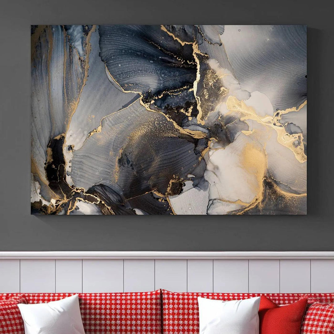 The contemporary living room showcases stunning abstract paintings on the wall, featured as the "Modern Marble Fluid Effect Wall Art Abstract Canvas Wall Art Print," all presented on museum-quality canvases.