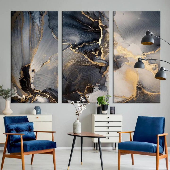 The contemporary living room showcases stunning abstract paintings on the wall, featured as the "Modern Marble Fluid Effect Wall Art Abstract Canvas Wall Art Print," all presented on museum-quality canvases.