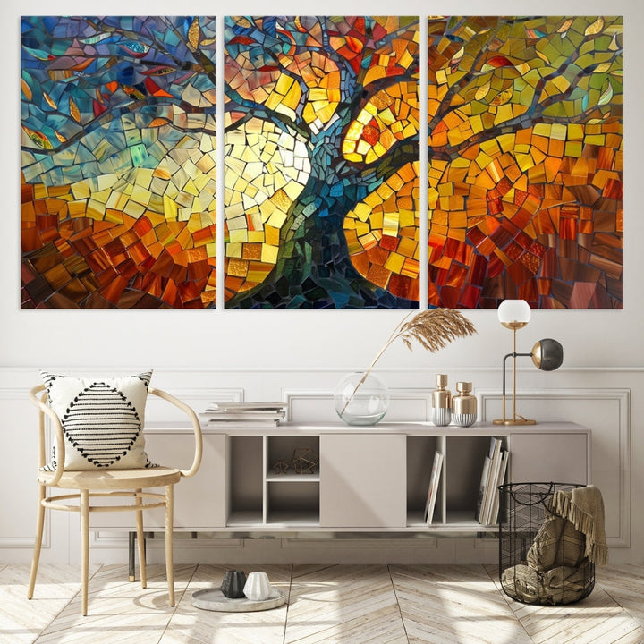 The dining area features the Mosaic Tree Canvas Wall Art, showcasing a vibrant stained glass-inspired Tree of Life called Yggdrasil with colorful leaves.