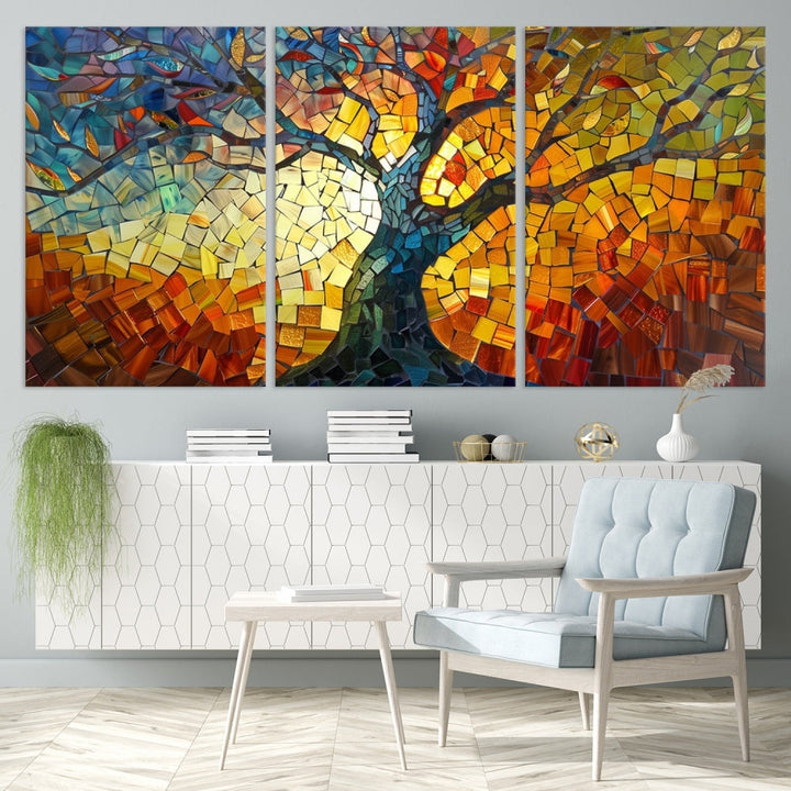 The dining area features the Mosaic Tree Canvas Wall Art, showcasing a vibrant stained glass-inspired Tree of Life called Yggdrasil with colorful leaves.