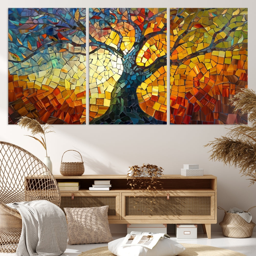 The dining area features the Mosaic Tree Canvas Wall Art, showcasing a vibrant stained glass-inspired Tree of Life called Yggdrasil with colorful leaves.