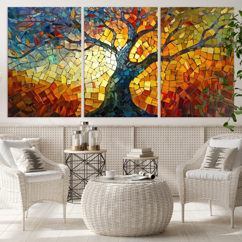 The dining area features the Mosaic Tree Canvas Wall Art, showcasing a vibrant stained glass-inspired Tree of Life called Yggdrasil with colorful leaves.