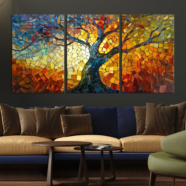 The dining area features the Mosaic Tree Canvas Wall Art, showcasing a vibrant stained glass-inspired Tree of Life called Yggdrasil with colorful leaves.