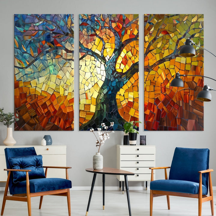 The dining area features the Mosaic Tree Canvas Wall Art, showcasing a vibrant stained glass-inspired Tree of Life called Yggdrasil with colorful leaves.