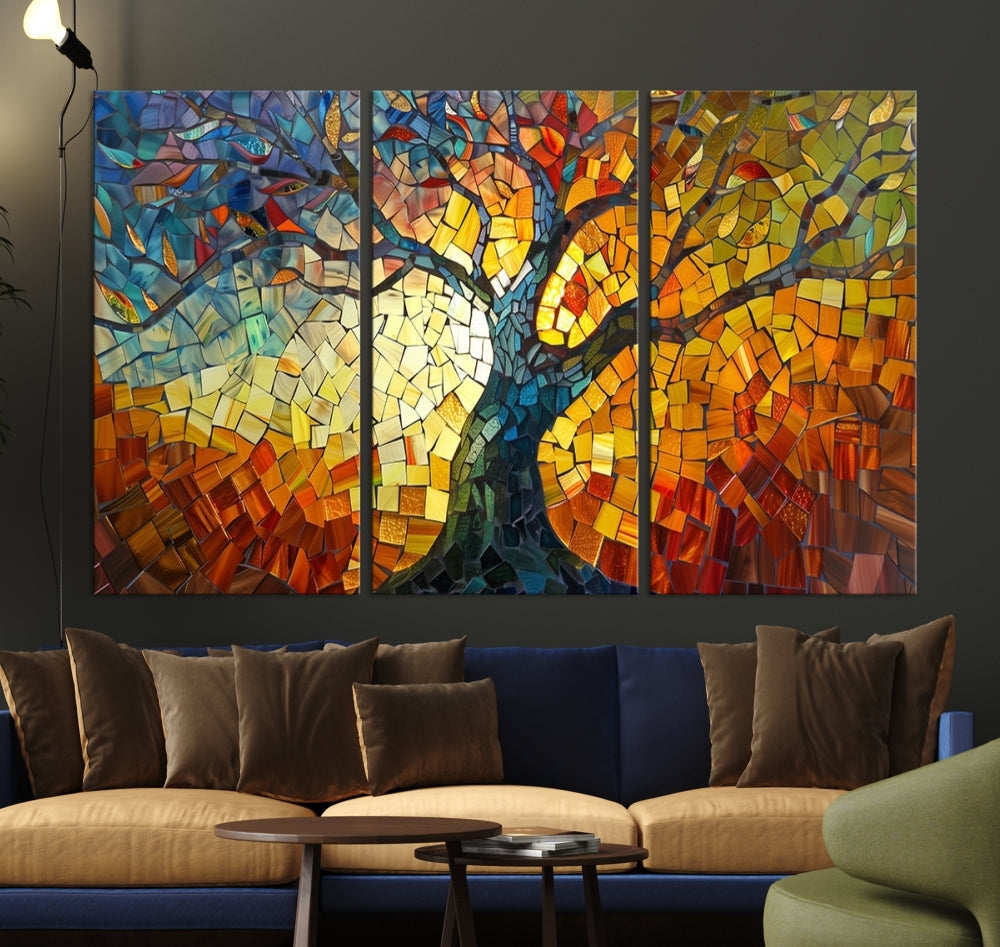 The dining area features the Mosaic Tree Canvas Wall Art, showcasing a vibrant stained glass-inspired Tree of Life called Yggdrasil with colorful leaves.