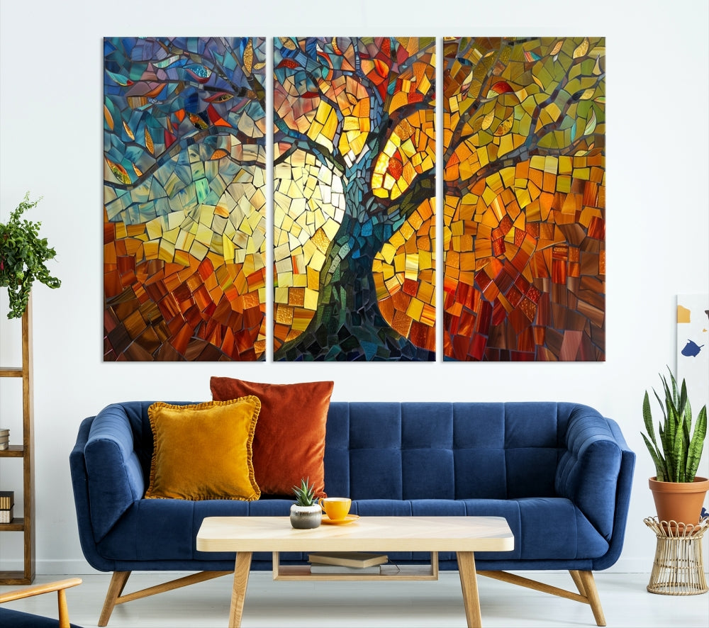 The dining area features the Mosaic Tree Canvas Wall Art, showcasing a vibrant stained glass-inspired Tree of Life called Yggdrasil with colorful leaves.