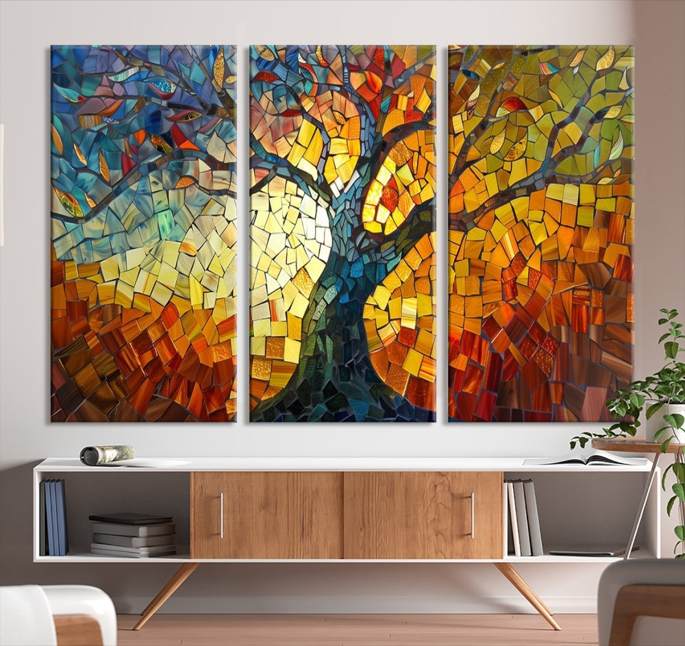 The dining area features the Mosaic Tree Canvas Wall Art, showcasing a vibrant stained glass-inspired Tree of Life called Yggdrasil with colorful leaves.