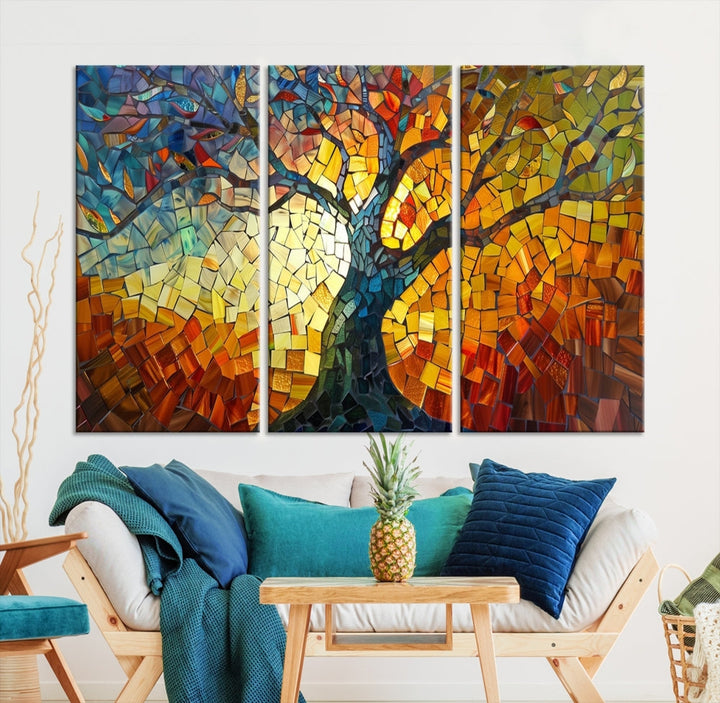 The dining area features the Mosaic Tree Canvas Wall Art, showcasing a vibrant stained glass-inspired Tree of Life called Yggdrasil with colorful leaves.