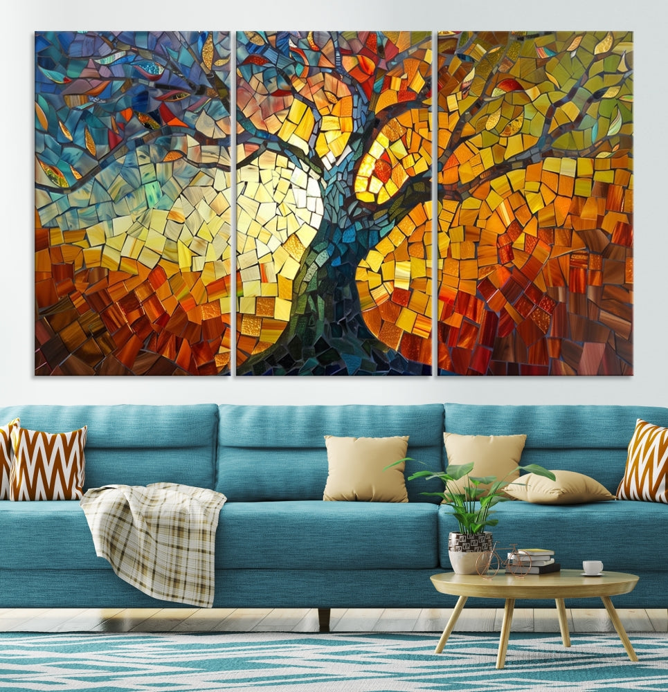 The dining area features the Mosaic Tree Canvas Wall Art, showcasing a vibrant stained glass-inspired Tree of Life called Yggdrasil with colorful leaves.