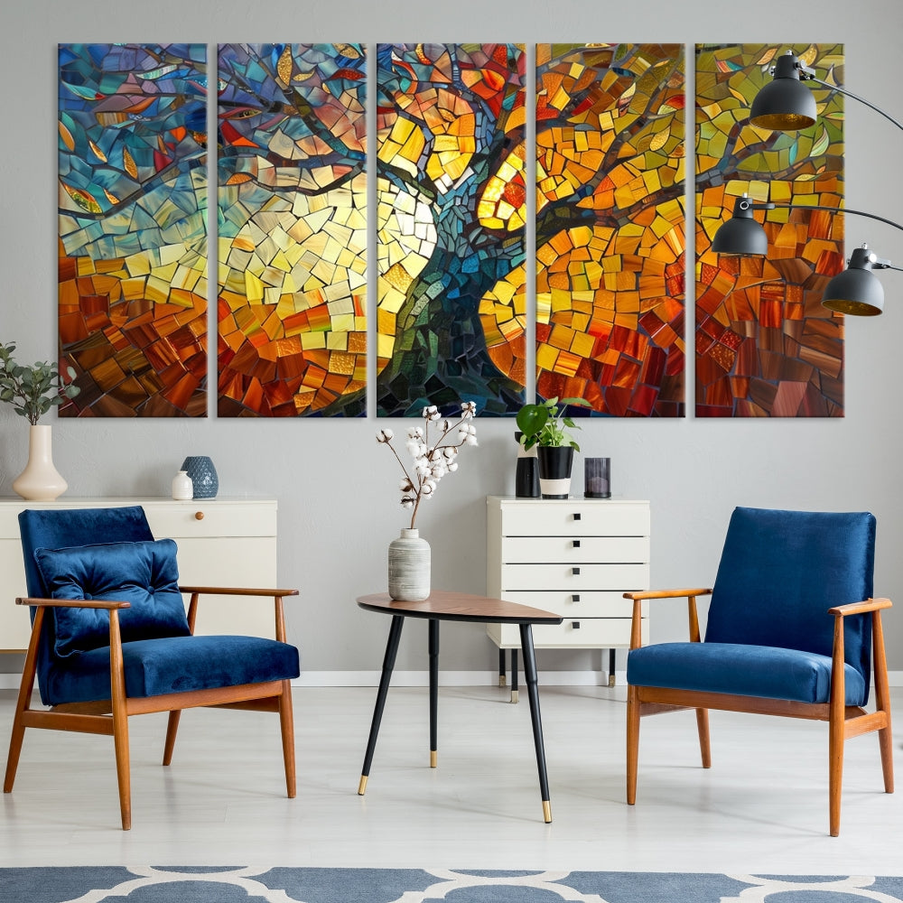 The dining area features the Mosaic Tree Canvas Wall Art, showcasing a vibrant stained glass-inspired Tree of Life called Yggdrasil with colorful leaves.