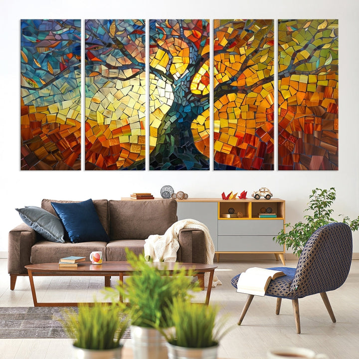 The dining area features the Mosaic Tree Canvas Wall Art, showcasing a vibrant stained glass-inspired Tree of Life called Yggdrasil with colorful leaves.