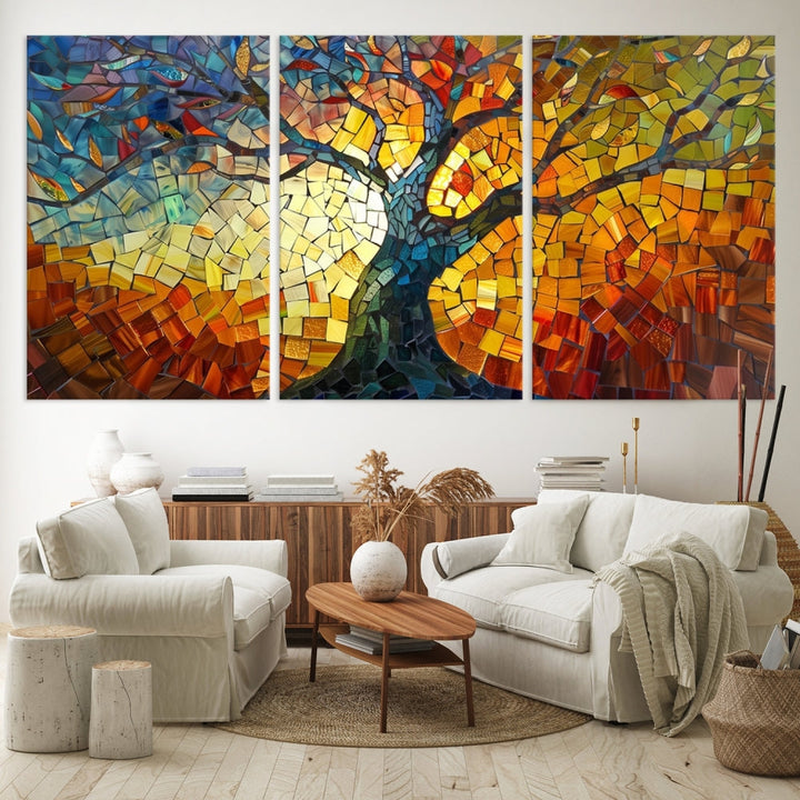 The dining area features the Mosaic Tree Canvas Wall Art, showcasing a vibrant stained glass-inspired Tree of Life called Yggdrasil with colorful leaves.