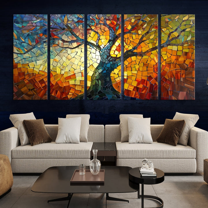 The dining area features the Mosaic Tree Canvas Wall Art, showcasing a vibrant stained glass-inspired Tree of Life called Yggdrasil with colorful leaves.