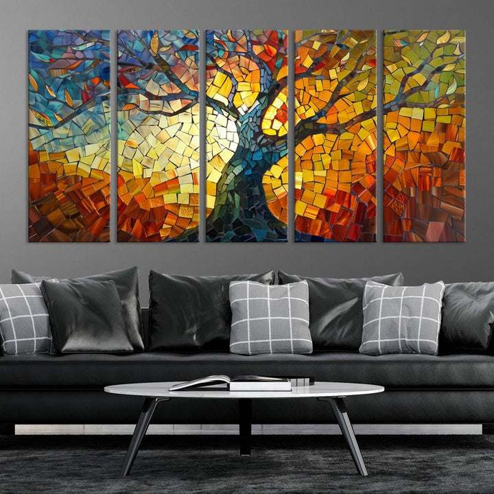 The dining area features the Mosaic Tree Canvas Wall Art, showcasing a vibrant stained glass-inspired Tree of Life called Yggdrasil with colorful leaves.