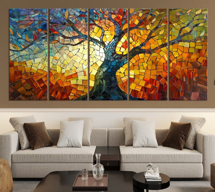 The dining area features the Mosaic Tree Canvas Wall Art, showcasing a vibrant stained glass-inspired Tree of Life called Yggdrasil with colorful leaves.