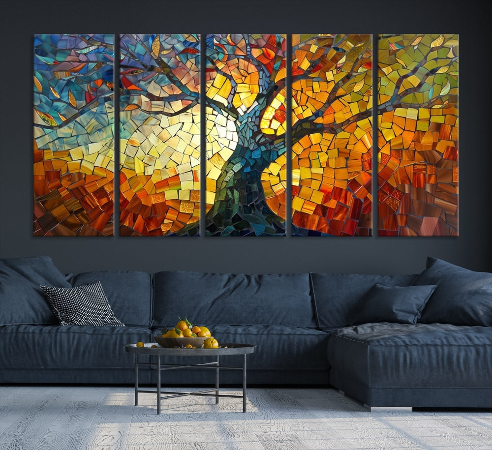 The dining area features the Mosaic Tree Canvas Wall Art, showcasing a vibrant stained glass-inspired Tree of Life called Yggdrasil with colorful leaves.