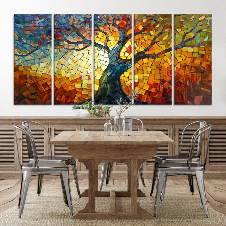 The dining area features the Mosaic Tree Canvas Wall Art, showcasing a vibrant stained glass-inspired Tree of Life called Yggdrasil with colorful leaves.