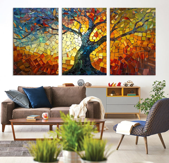 The dining area features the Mosaic Tree Canvas Wall Art, showcasing a vibrant stained glass-inspired Tree of Life called Yggdrasil with colorful leaves.