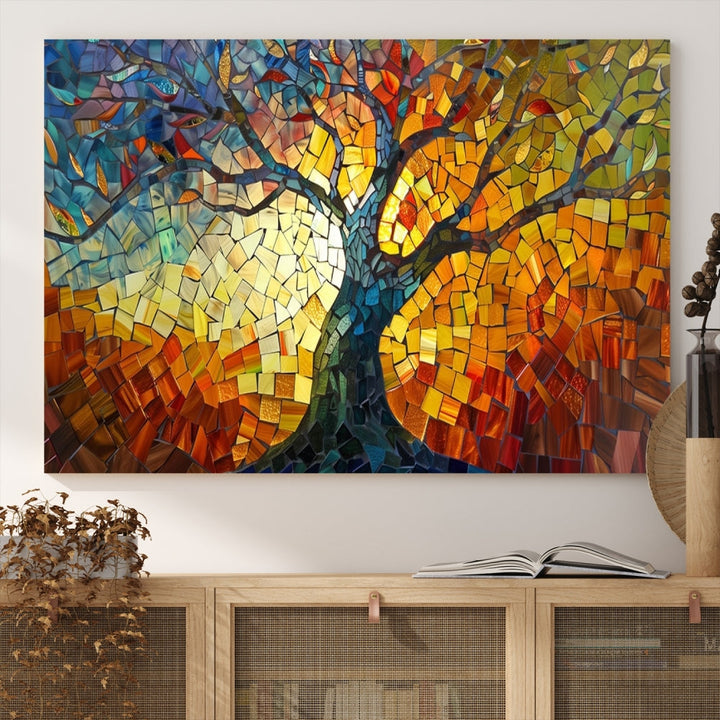 The dining area features the Mosaic Tree Canvas Wall Art, showcasing a vibrant stained glass-inspired Tree of Life called Yggdrasil with colorful leaves.