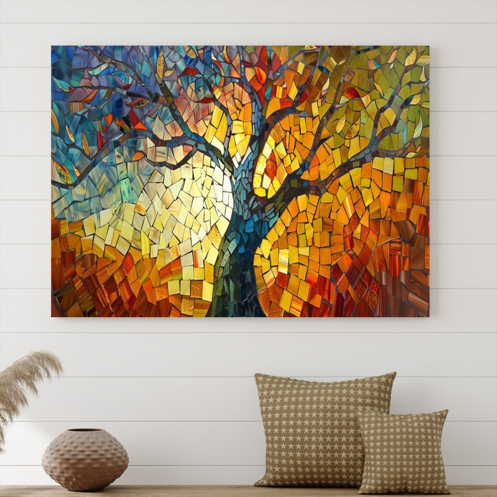 The dining area features the Mosaic Tree Canvas Wall Art, showcasing a vibrant stained glass-inspired Tree of Life called Yggdrasil with colorful leaves.