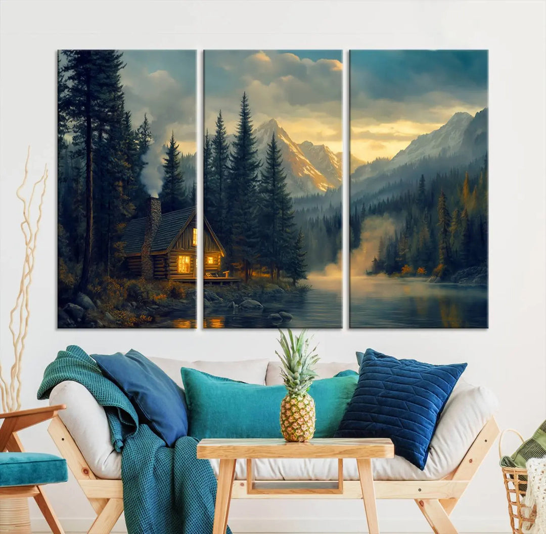 The cozy living room is enhanced by nature-inspired artwork, featuring the "Mountain Cabin by the Lake at Sunset" wall art—a serene nature canvas print perfect for rustic lodge decor.