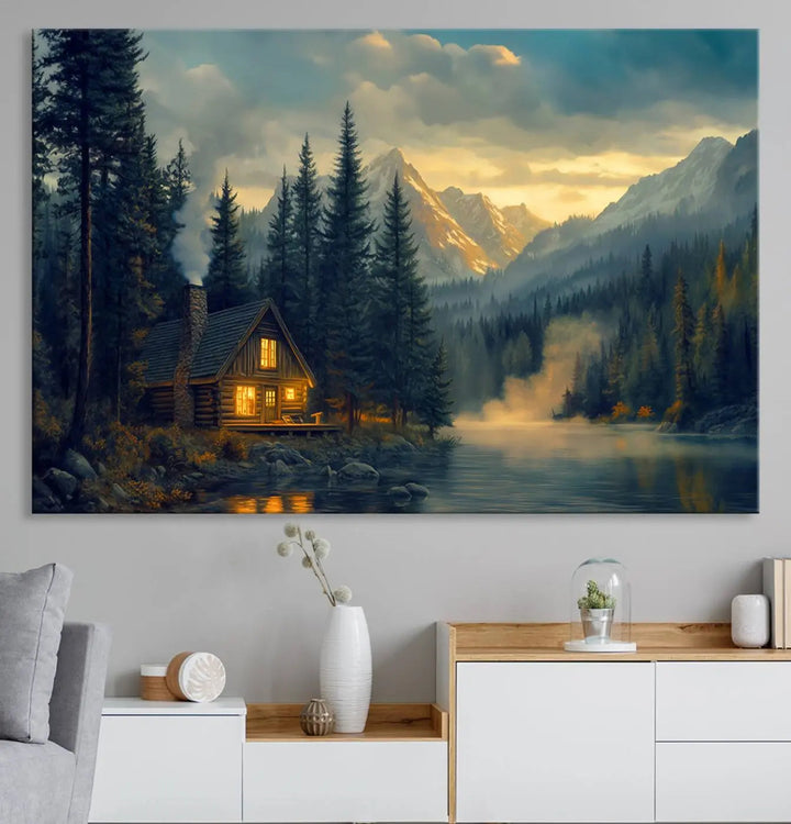 The cozy living room is enhanced by nature-inspired artwork, featuring the "Mountain Cabin by the Lake at Sunset" wall art—a serene nature canvas print perfect for rustic lodge decor.