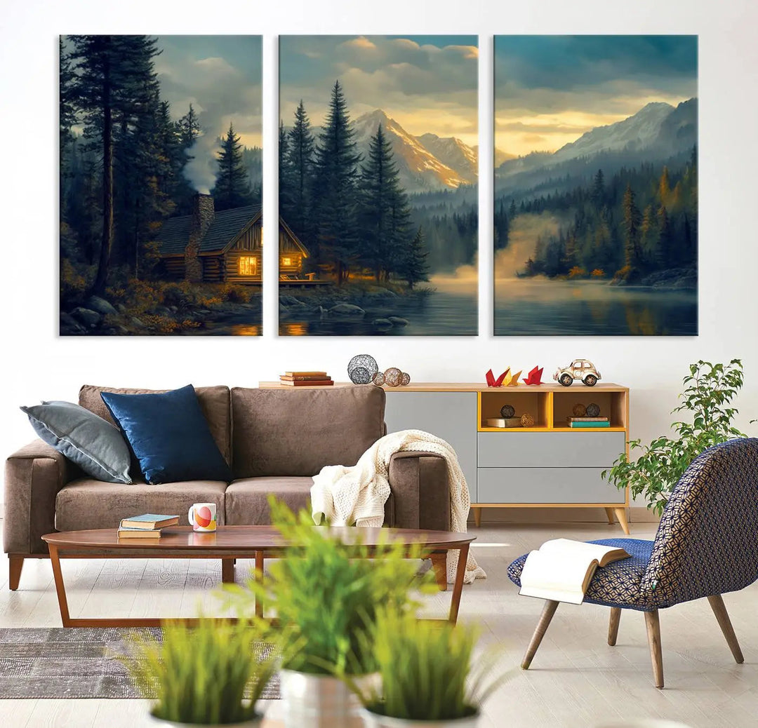 The cozy living room is enhanced by nature-inspired artwork, featuring the "Mountain Cabin by the Lake at Sunset" wall art—a serene nature canvas print perfect for rustic lodge decor.