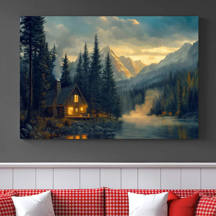 The cozy living room is enhanced by nature-inspired artwork, featuring the "Mountain Cabin by the Lake at Sunset" wall art—a serene nature canvas print perfect for rustic lodge decor.