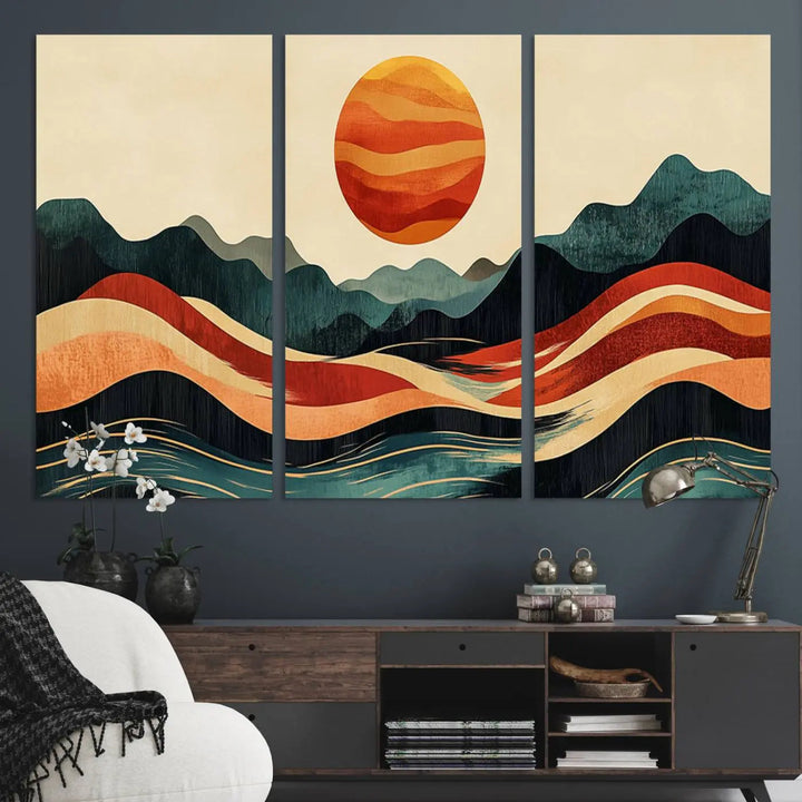 Enhance your contemporary kitchen with the "Mountain Triptych Wall Art - Western Nature Prints." This framed boho canvas depicts an abstract landscape featuring an orange sun rising over stylized mountains and wavy lines, all crafted with a gallery-quality finish for a striking visual impact.